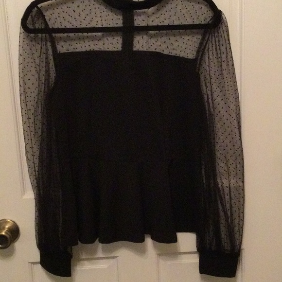 Tops - Black Sheer Dot Mesh Peplum Blouse